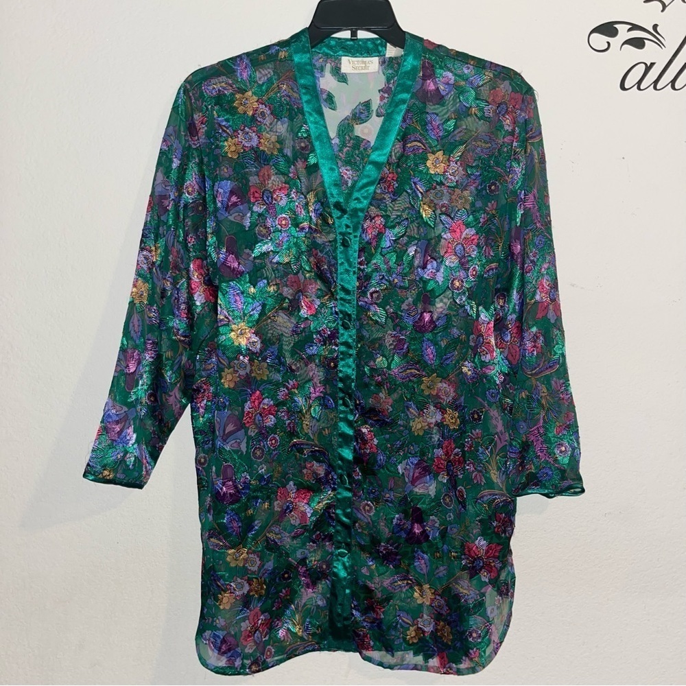 Victoria’s Secret green sheer nightie with colorful floral print, size M/L